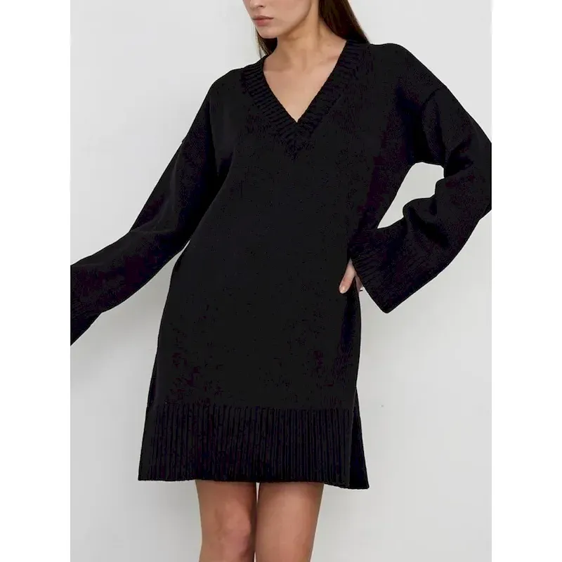 tvmgmj1733392214453.webp Women's Sweater Sweater Dress Casual Soft Pure Color Ribbed V Neck Knitted Long Sleeve Long Tops Knit Outdoor Daily Weekend Black Fuchsia Fall Winter - Image 1